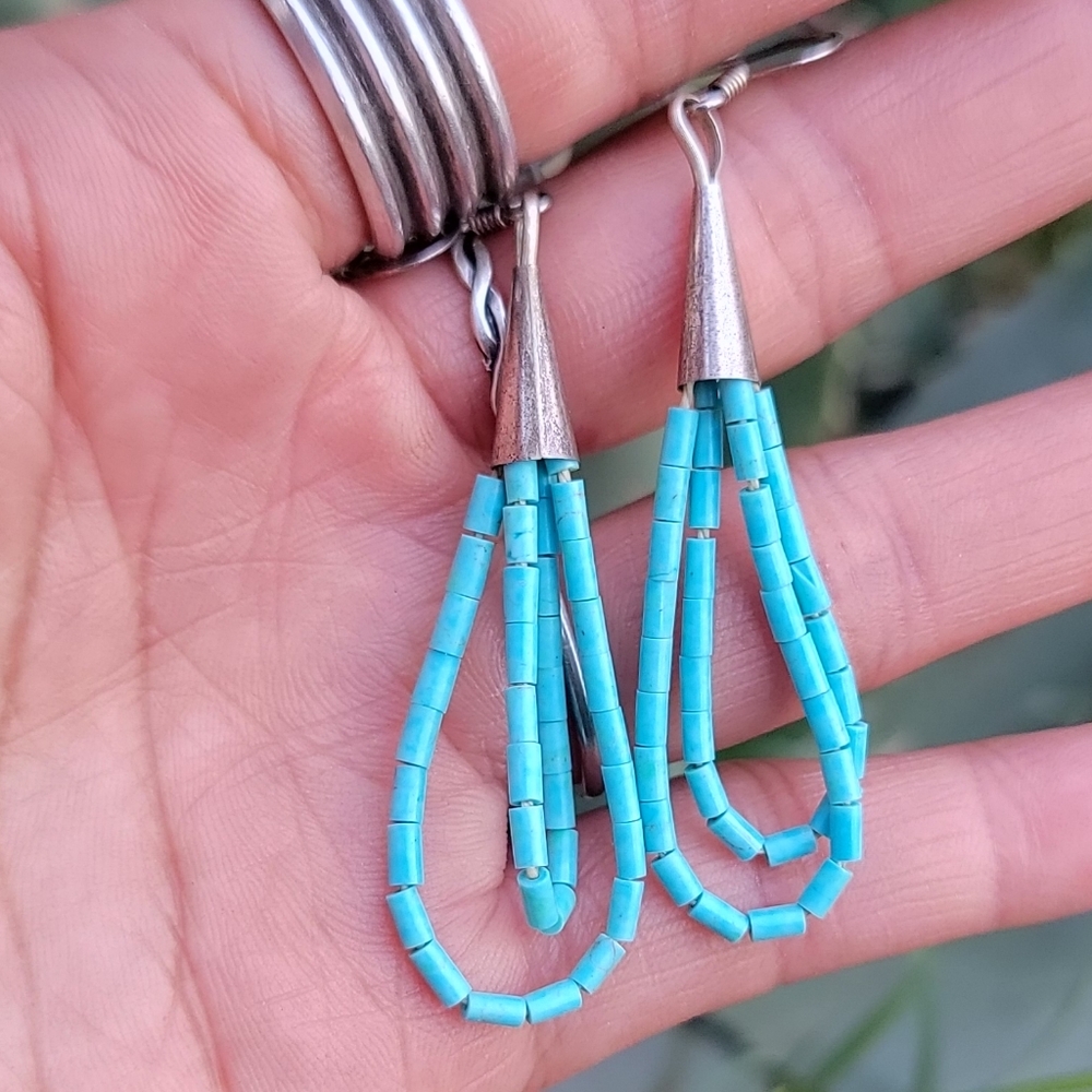 Native American handmade 925 sterling silver double strand turquoise heishi earr